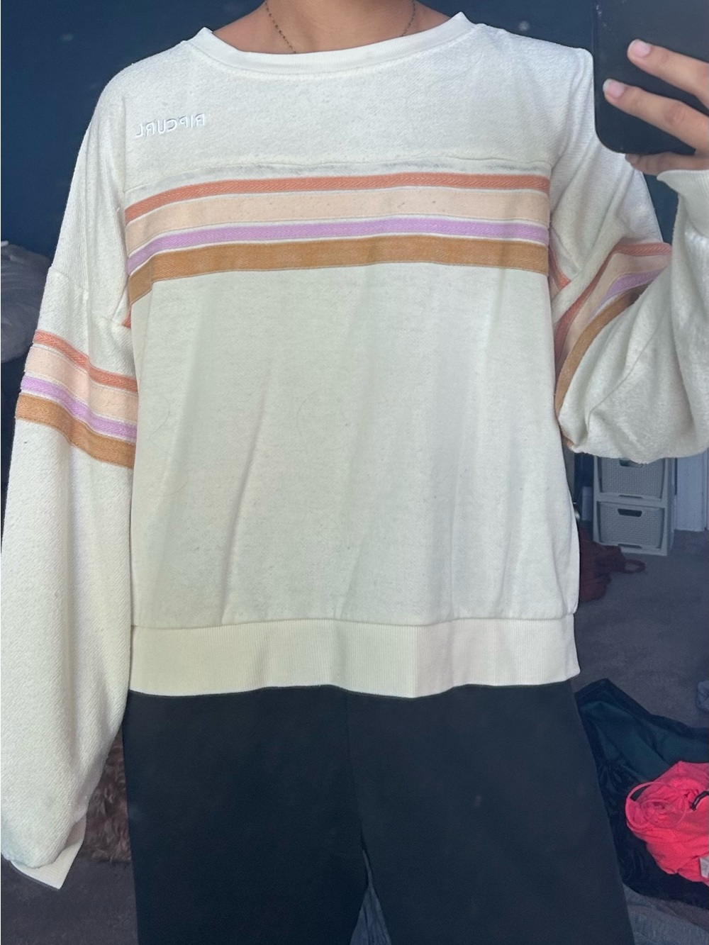 Rip Curl Cream Terry Pullover with Pink and Tan Stripes